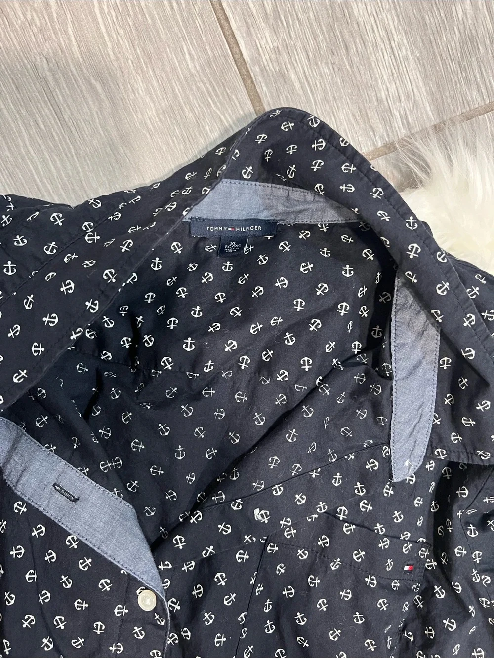 Tommy Hilfiger Navy Button-Down Shirt with White Anchor Print
